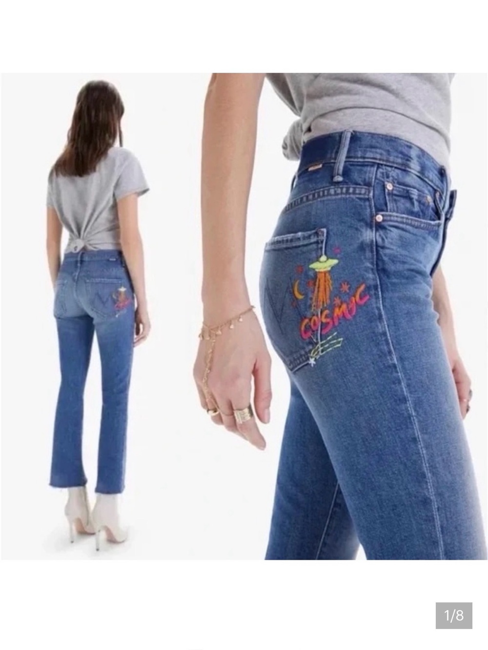 MOTHER Blue Flare Jeans with Colorful Cosmic Embroidery